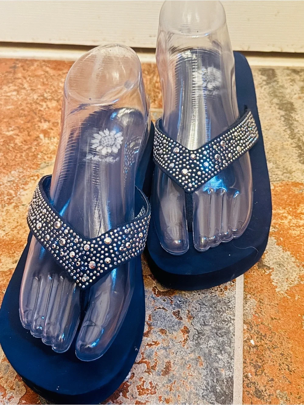 Like New Yellow Box Navy Blue Wedge Rhinestone Sandals! - Picture 4 of 15